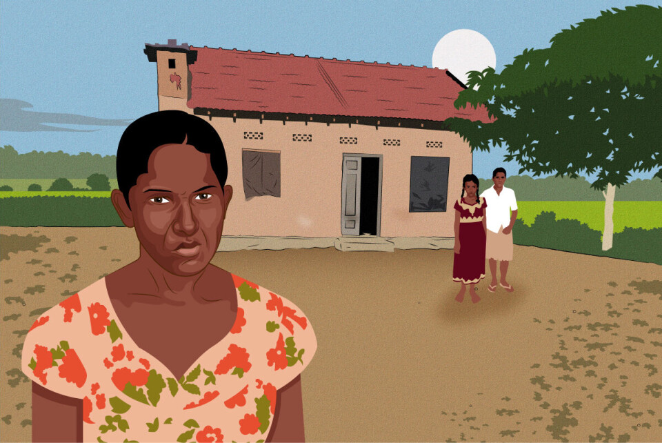 Da Plan International kom hjem på tunet til Marcha (35) i Mullaitivu i 2017, gav det henne et håp om en bedre fremtid. Alenemoren ble skuffet da hun aldri hørte noe fra organisasjonen igjen. Illustrasjon: Pål Dybwik (inspirert av et fotografi signert Shihar Aneez)